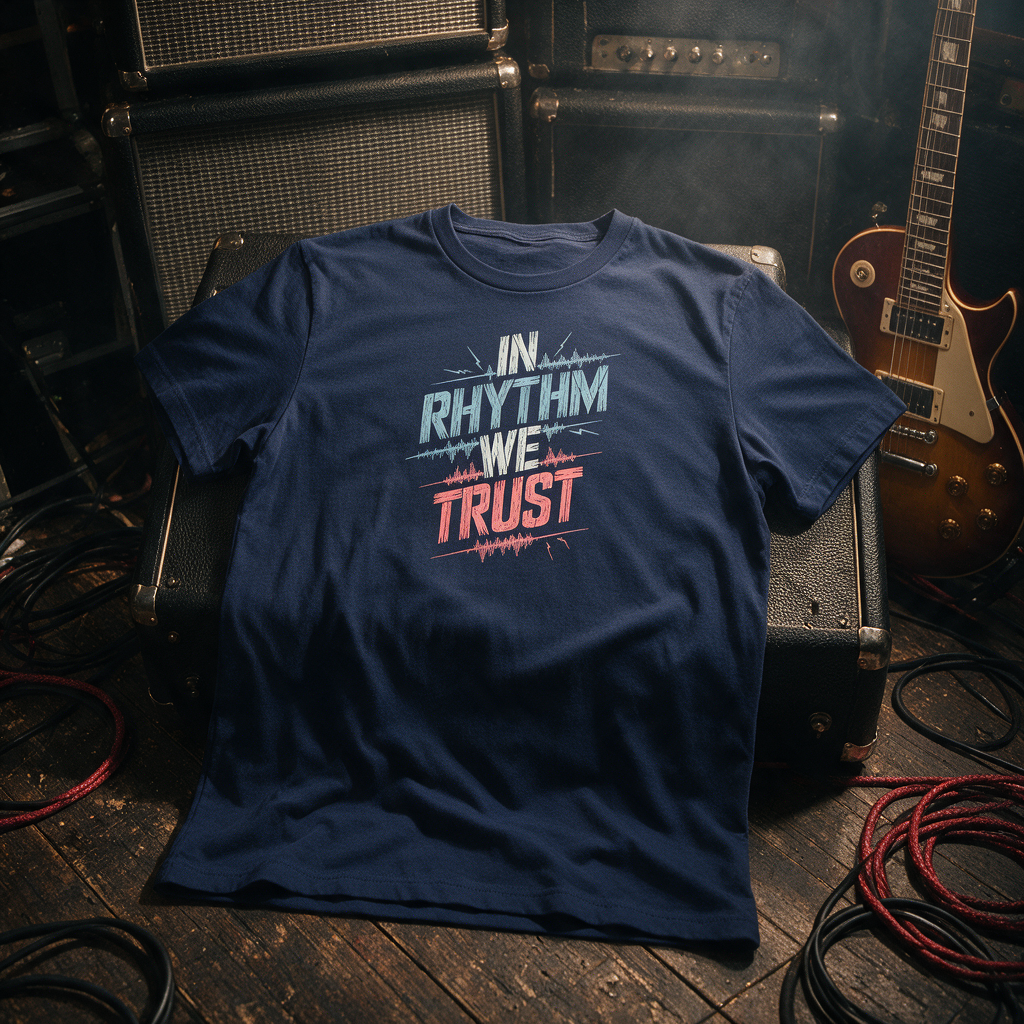 IN RHYTHM WE TRUST Navy T-shirt displayed on a road case in front of an amplifier wall
