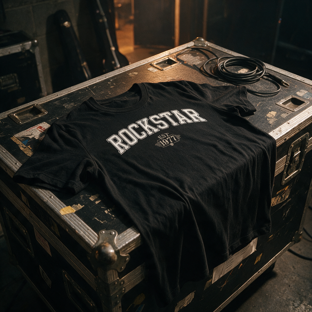 THE ORIGIN black ROCKSTAR EST 1977 T-shirt displayed on a backstage road case