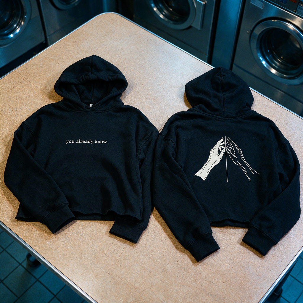 THE REFLECTION CROP front and back black cropped hoodies displayed side by side on a laundromat folding table