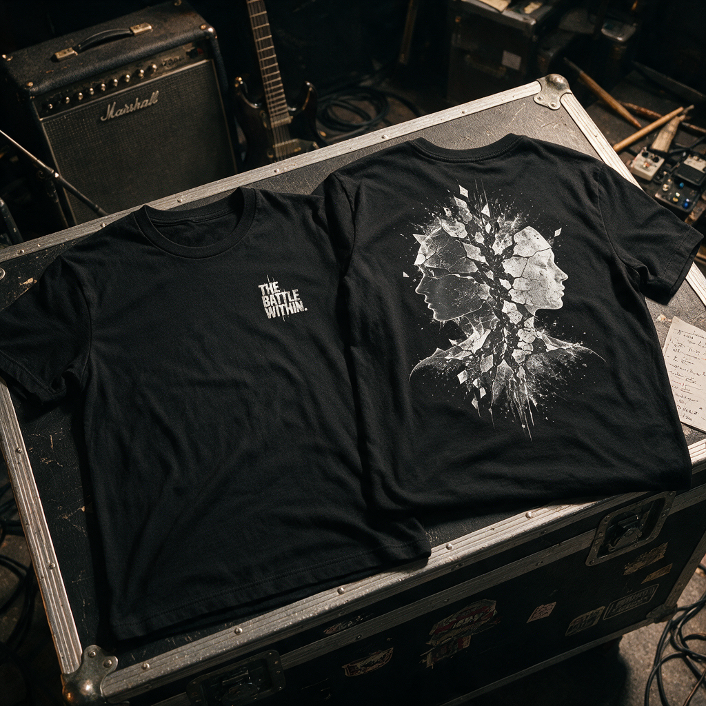 THE BATTLE WITHIN Black front and back T-shirts displayed on a worn touring road case
