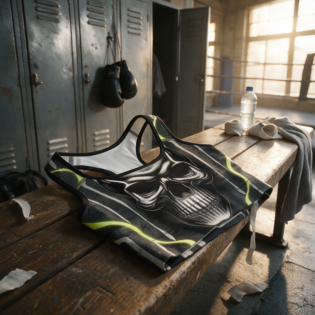 THE REBORN PERFORMANCE TOP with skull graphic and lime-green accents draped across a weathered wooden locker-room bench, with metal lockers, boxing gloves, sunlight, water bottle, and training towels