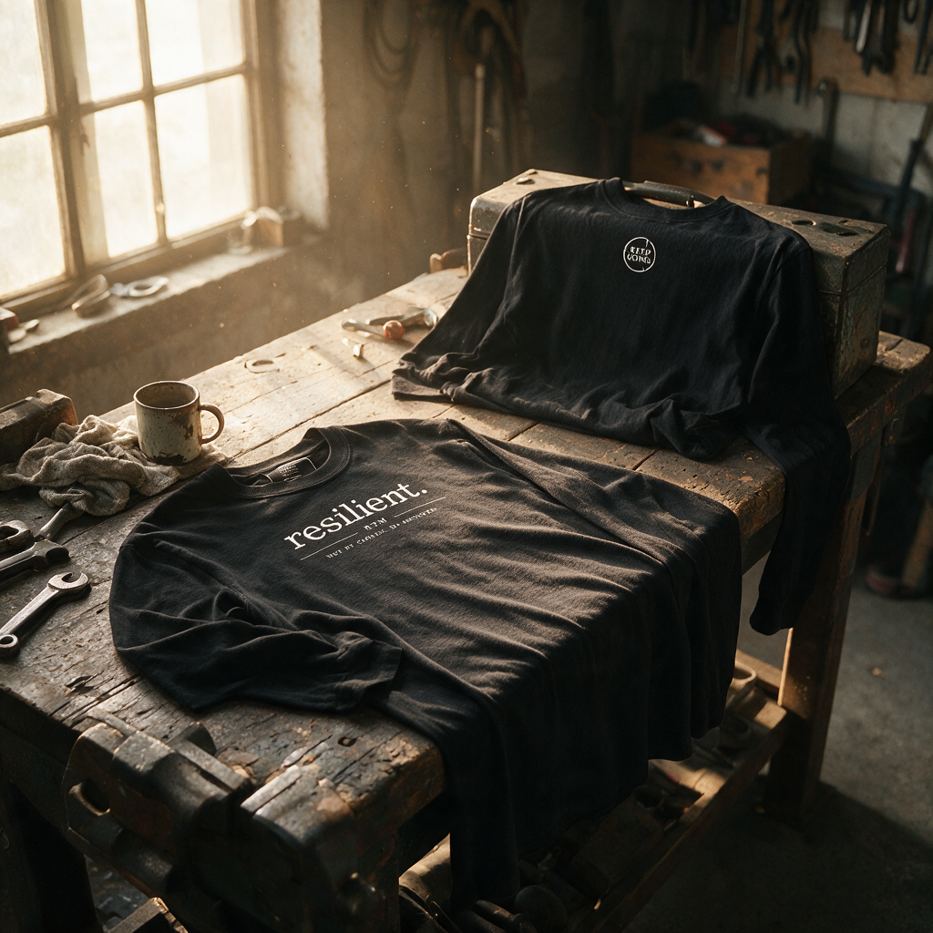 THE RESILIENT ARCHITECT Black long-sleeve shirt front and back on marble, with resilient. front design and fractured-circle KEEP GOING back symbol