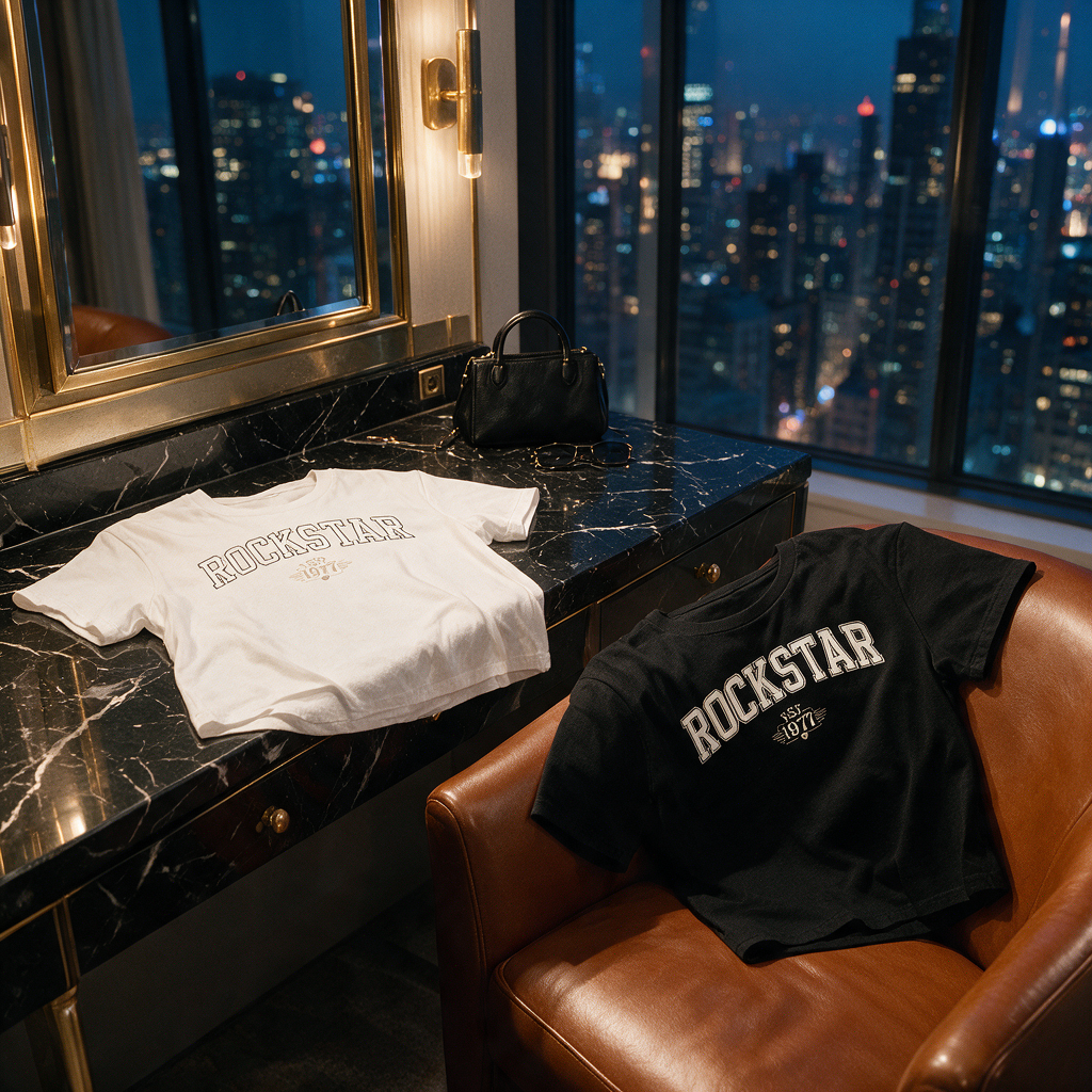 White ROCKSTAR crop top on a black marble vanity and Black ROCKSTAR crop top on a brown leather chair in a nighttime penthouse dressing room