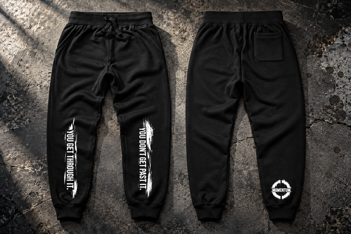 THE MOMENTUM SWEATPANTS complete Black front and back flat-lay with printed leg lettering and MOMENTUM back emblem